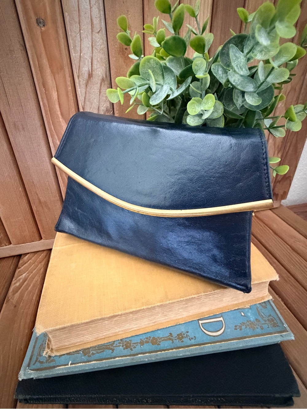 Bienen-Lutter Vintage Navy Leather Clutch Gold Frame with Red Interior